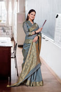 Grey Cotton Silk Workplace Uniform Saree - FeministaCotton Silk