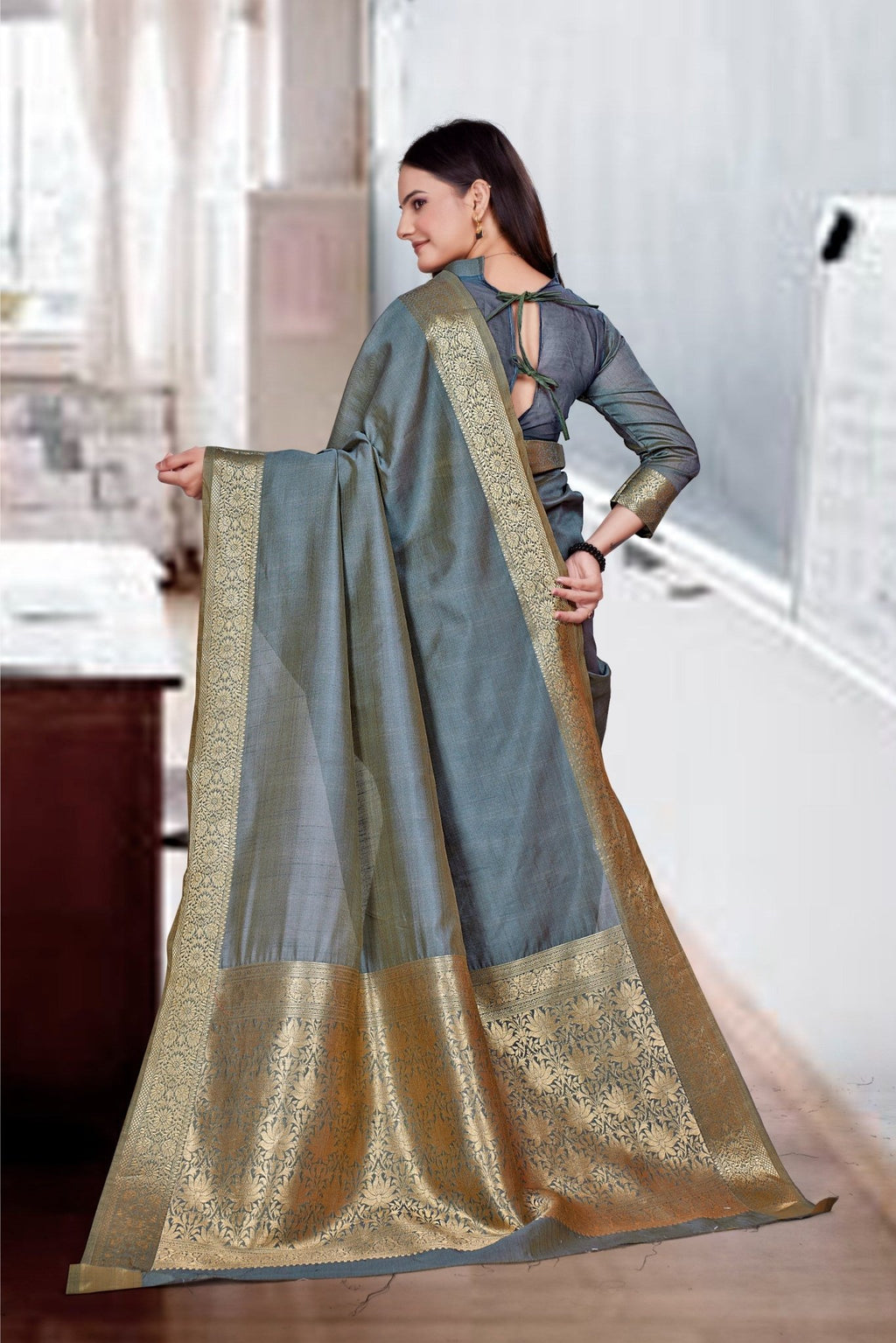 Grey Cotton Silk Workplace Uniform Saree - FeministaCotton Silk