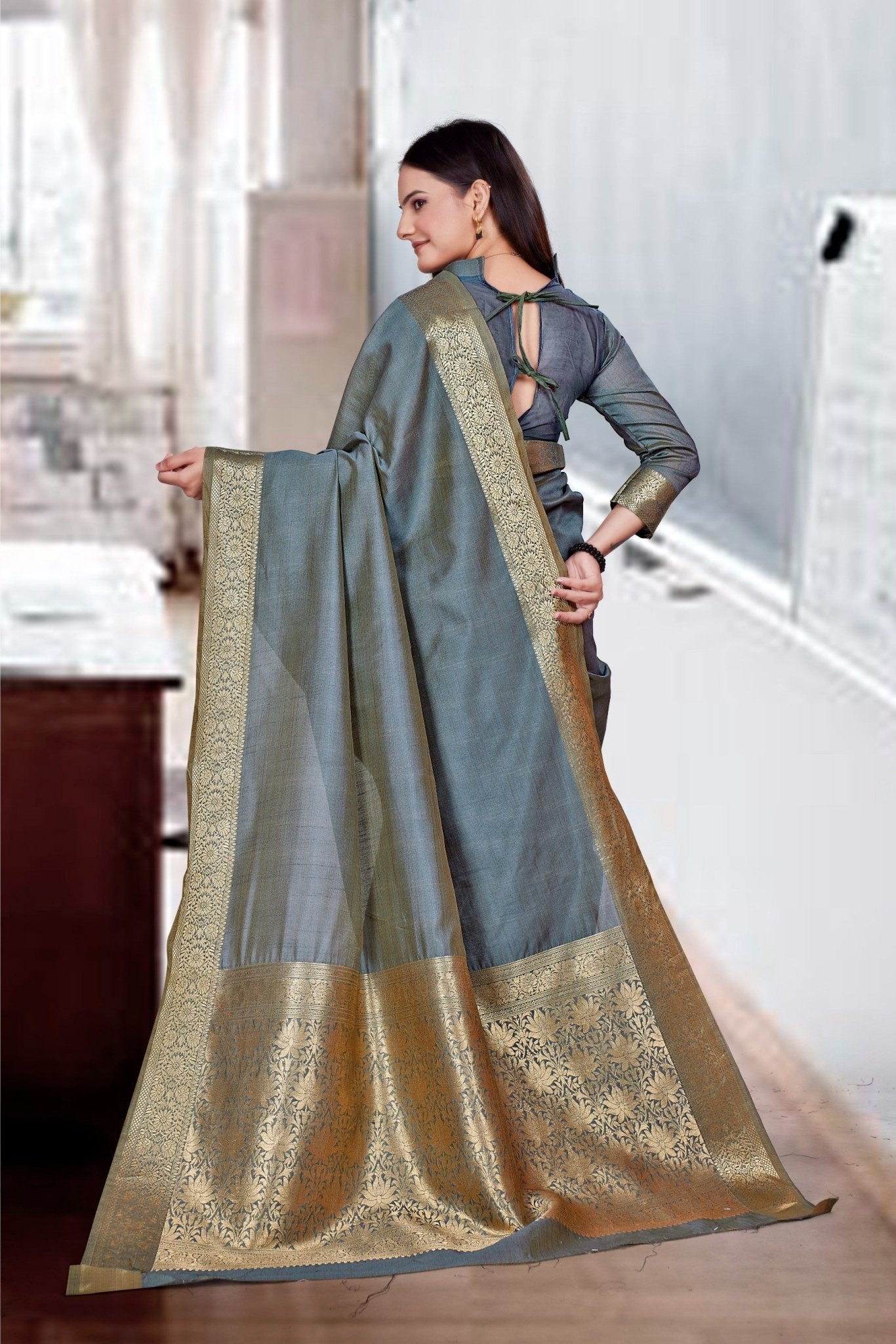 Grey Cotton Silk Workplace Uniform Saree - FeministaCotton Silk