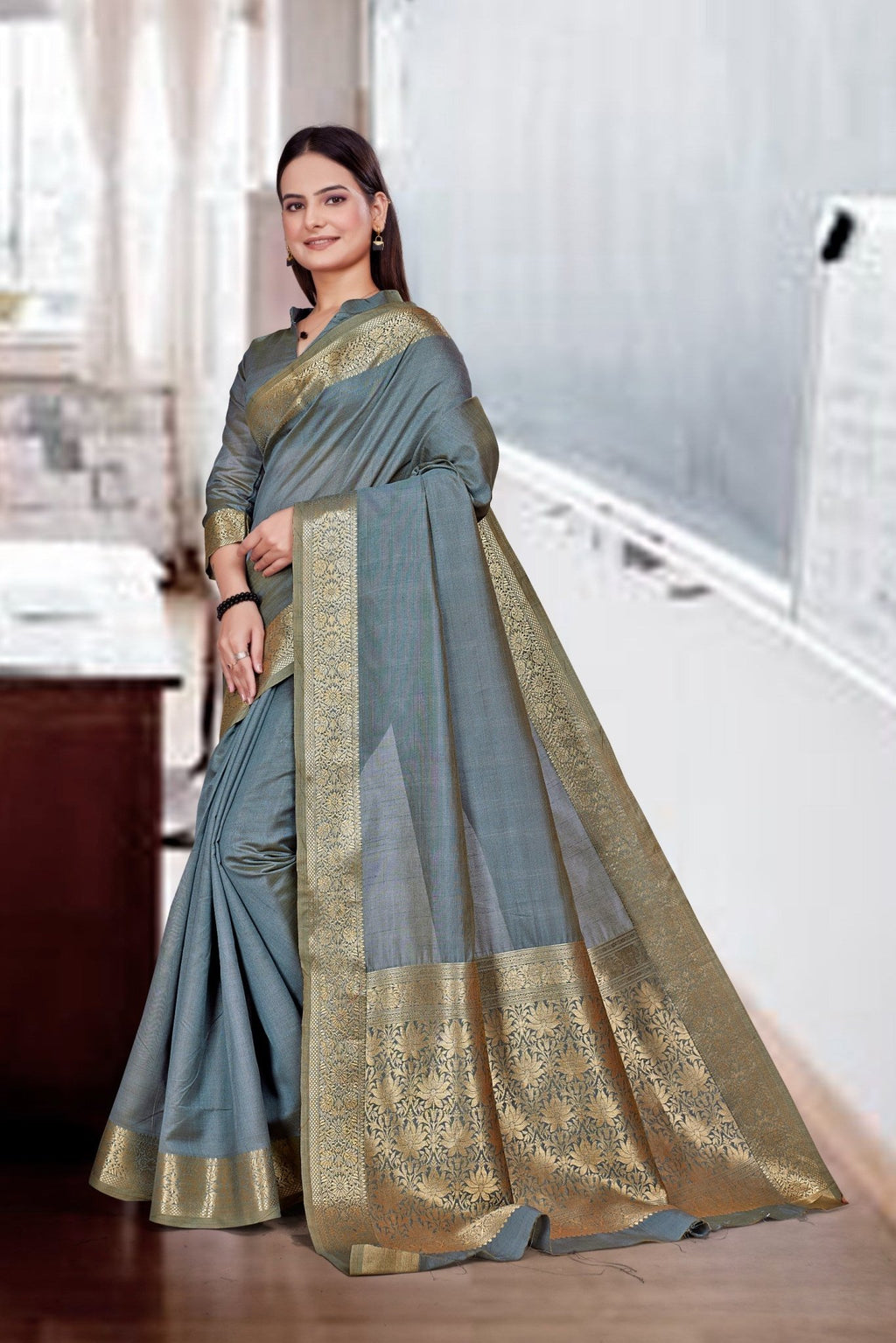 Grey Cotton Silk Workplace Uniform Saree - FeministaCotton Silk