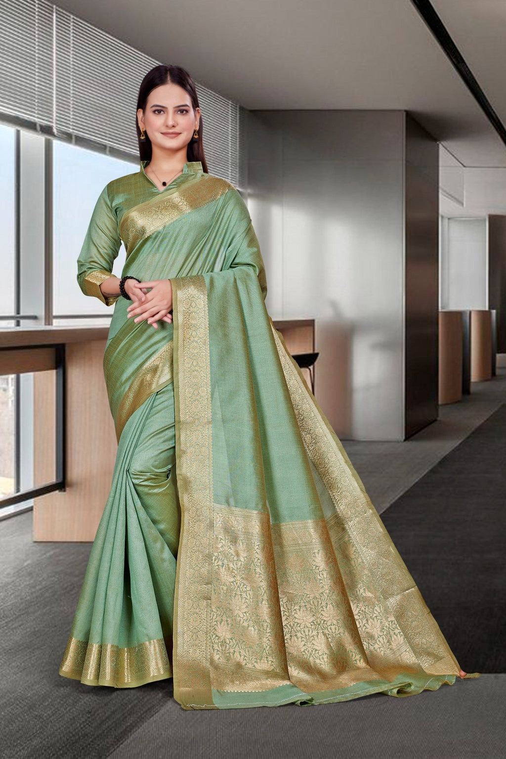 Green Cotton Silk Professional Office Saree - FeministaCotton Silk