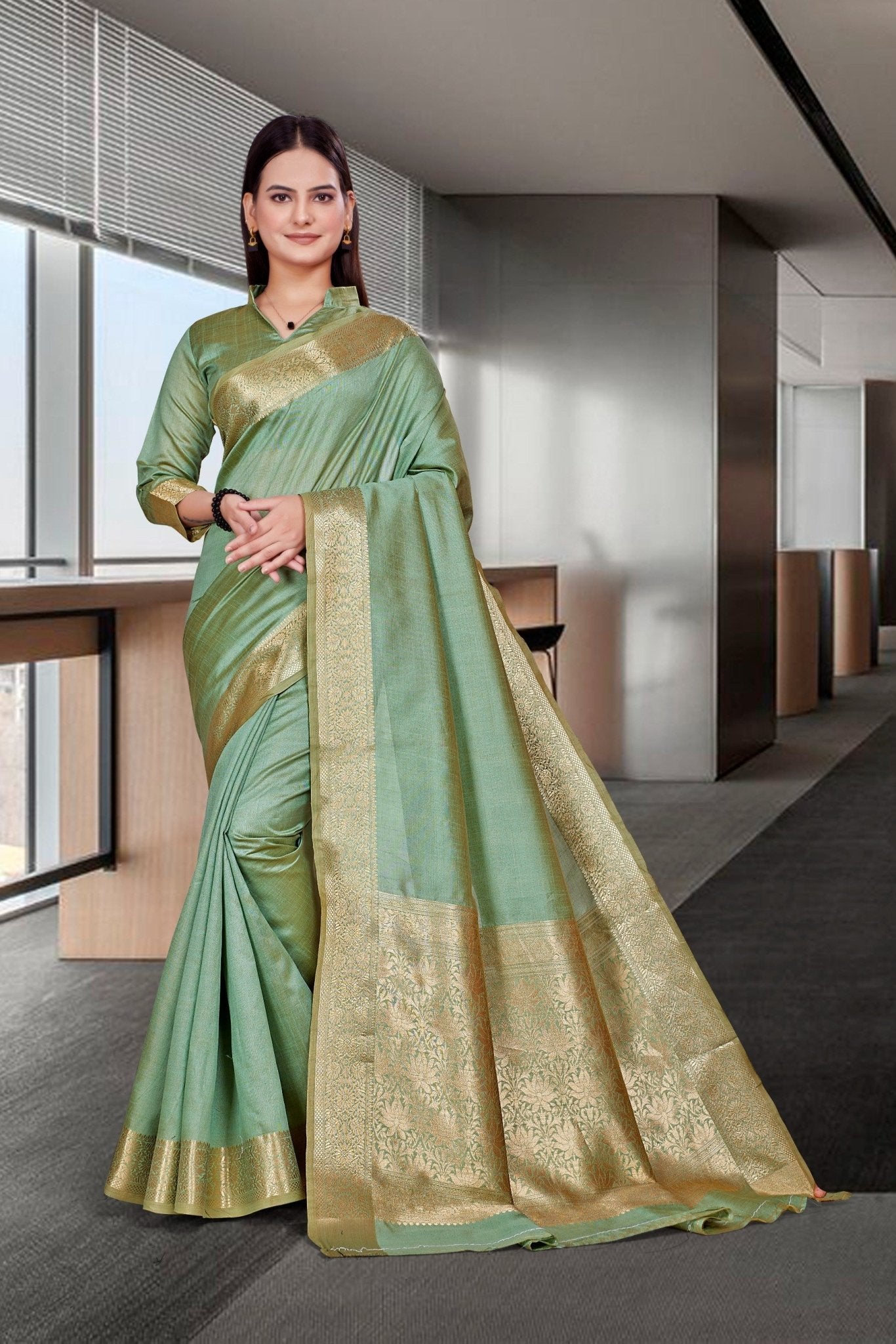 Green Cotton Silk Professional Office Saree - FeministaCotton Silk