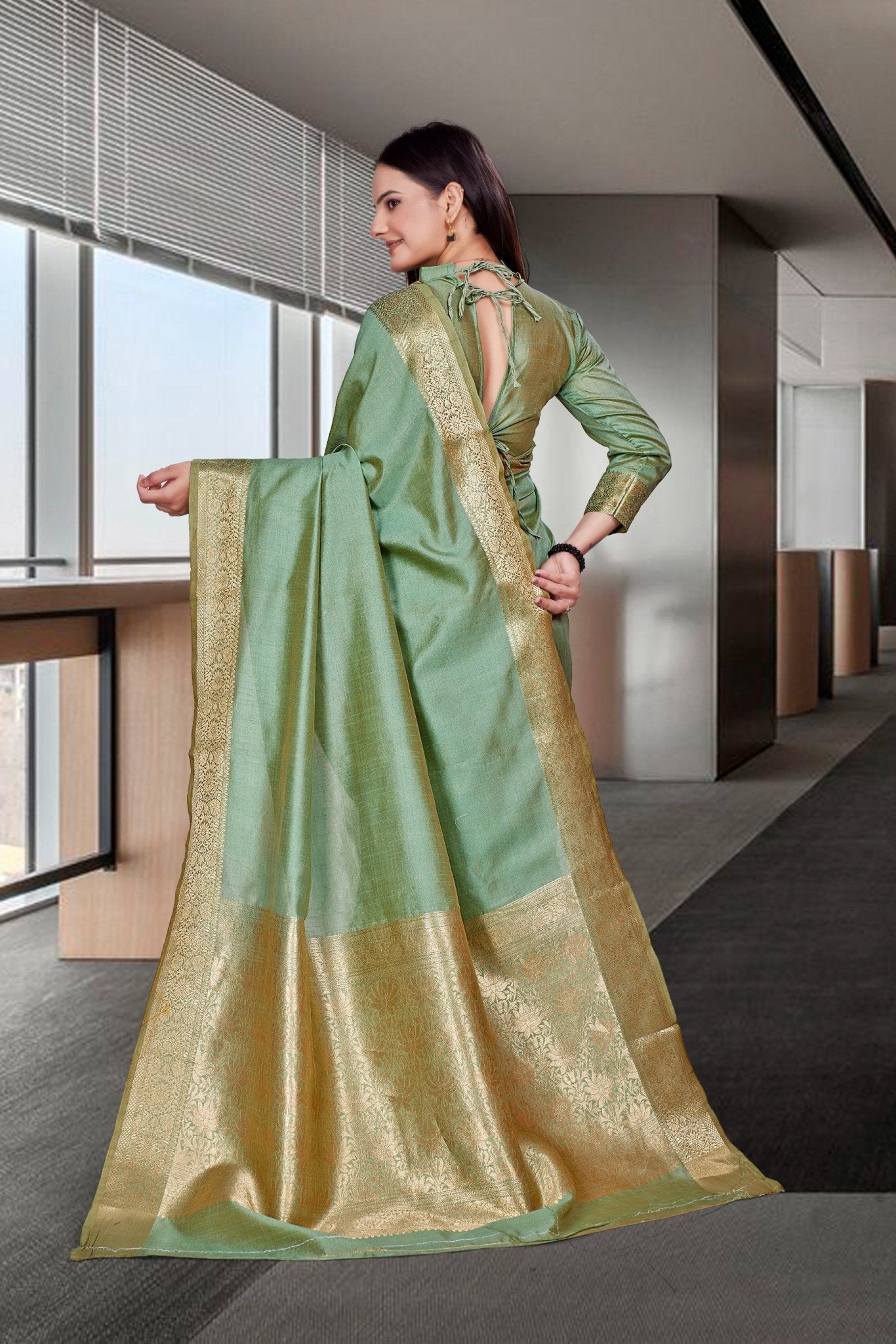 Green Cotton Silk Professional Office Saree - FeministaCotton Silk