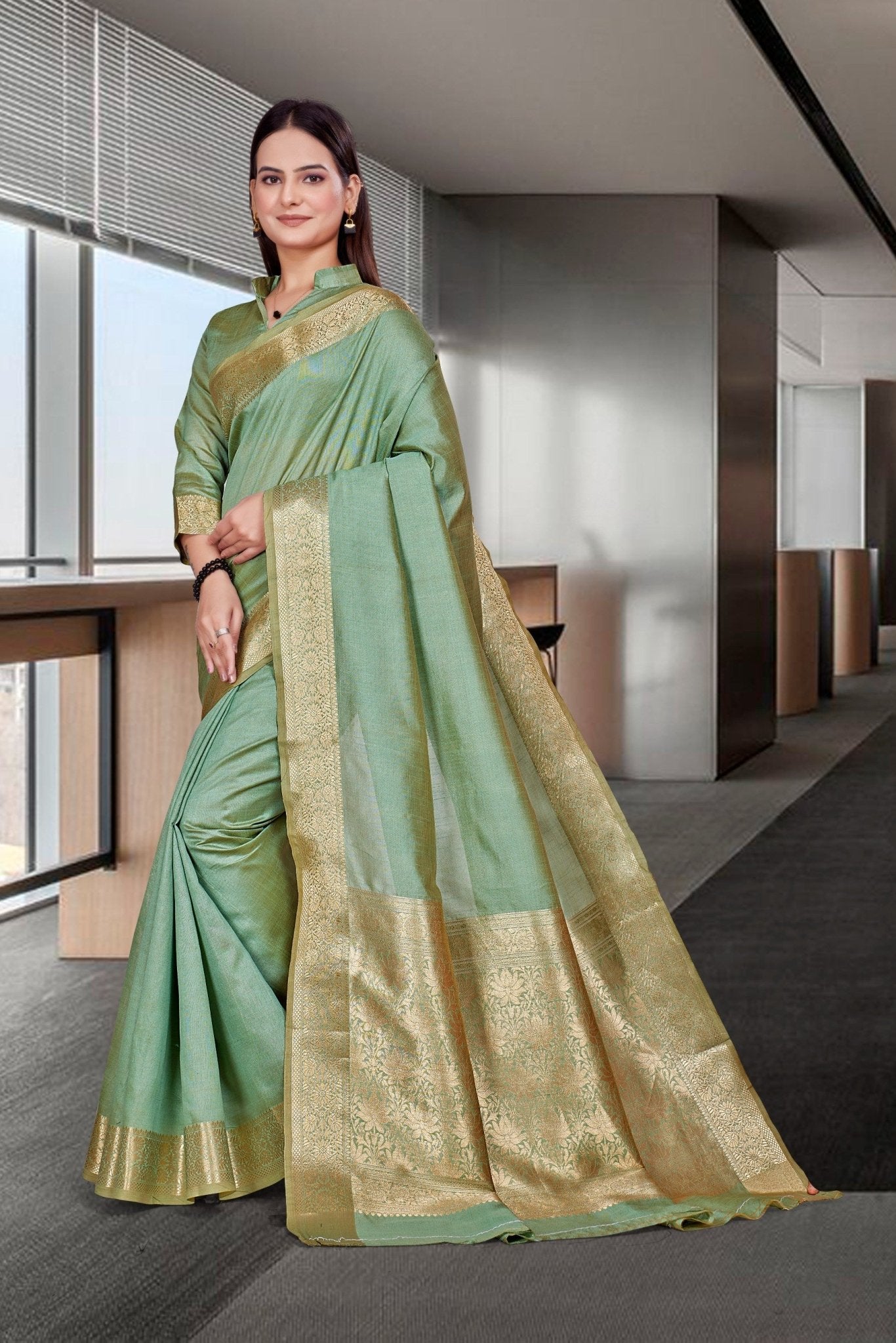 Green Cotton Silk Professional Office Saree - FeministaCotton Silk
