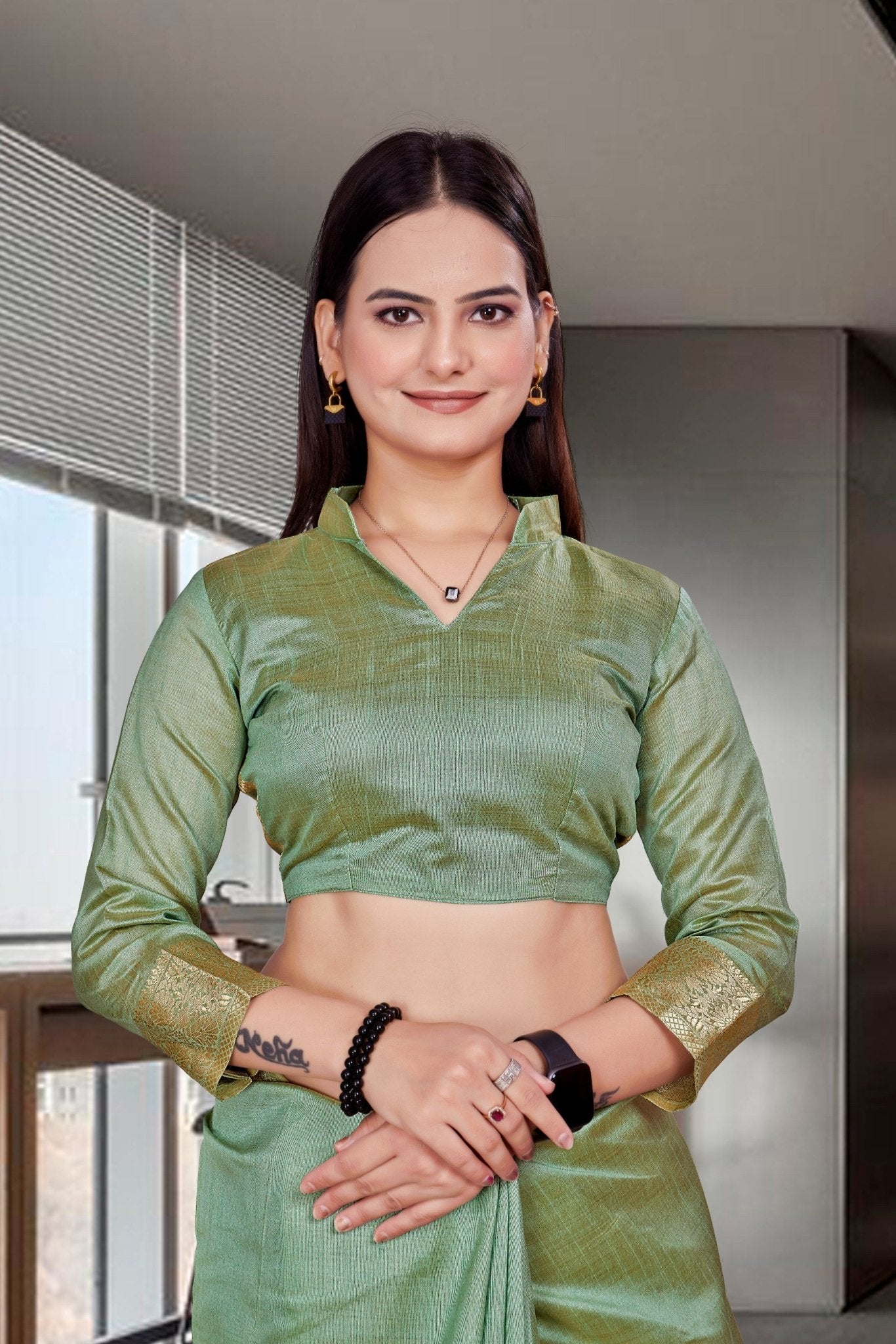 Green Cotton Silk Professional Office Saree - FeministaCotton Silk