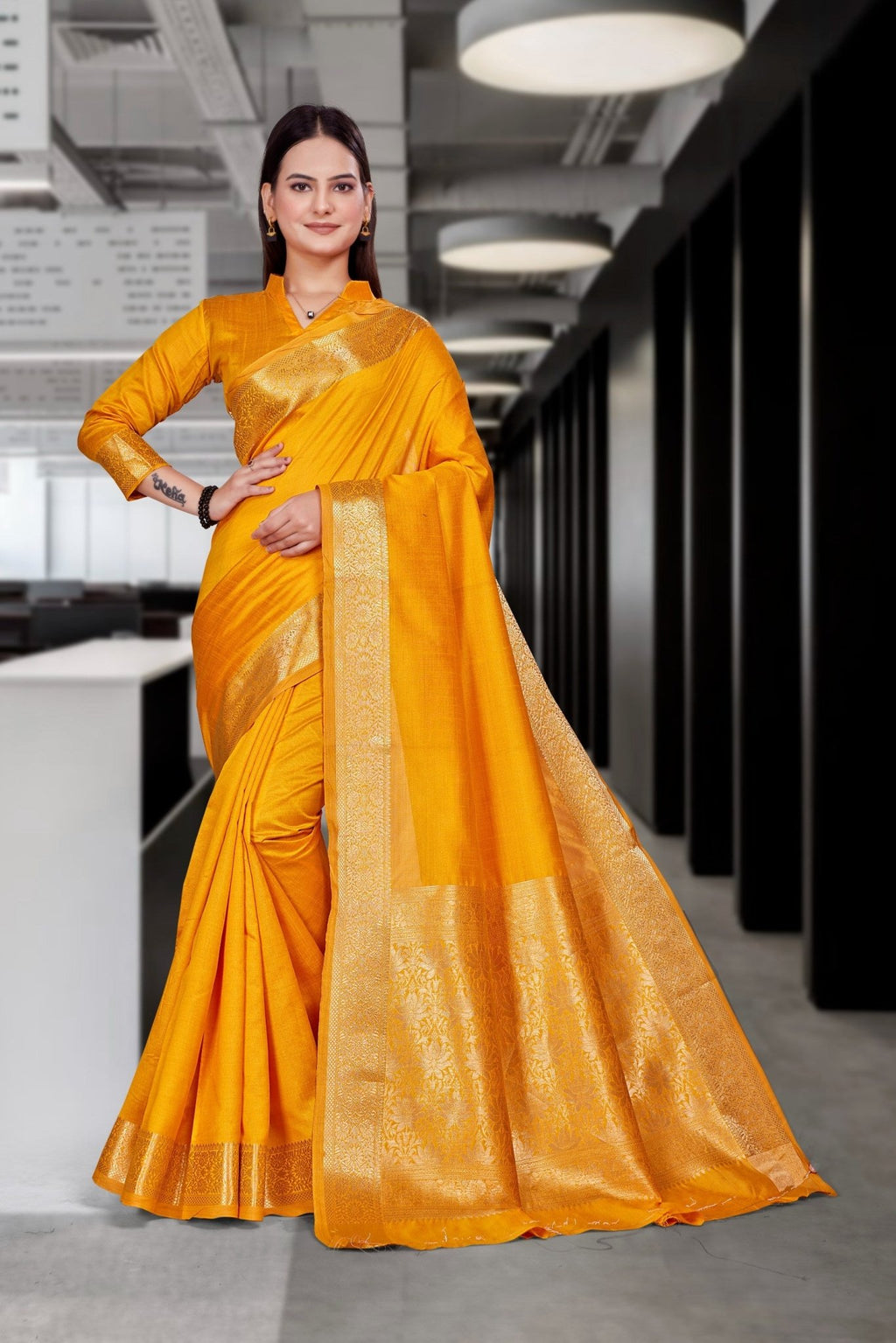 Mustard Cotton Silk Professional Office Saree - FeministaCotton Silk