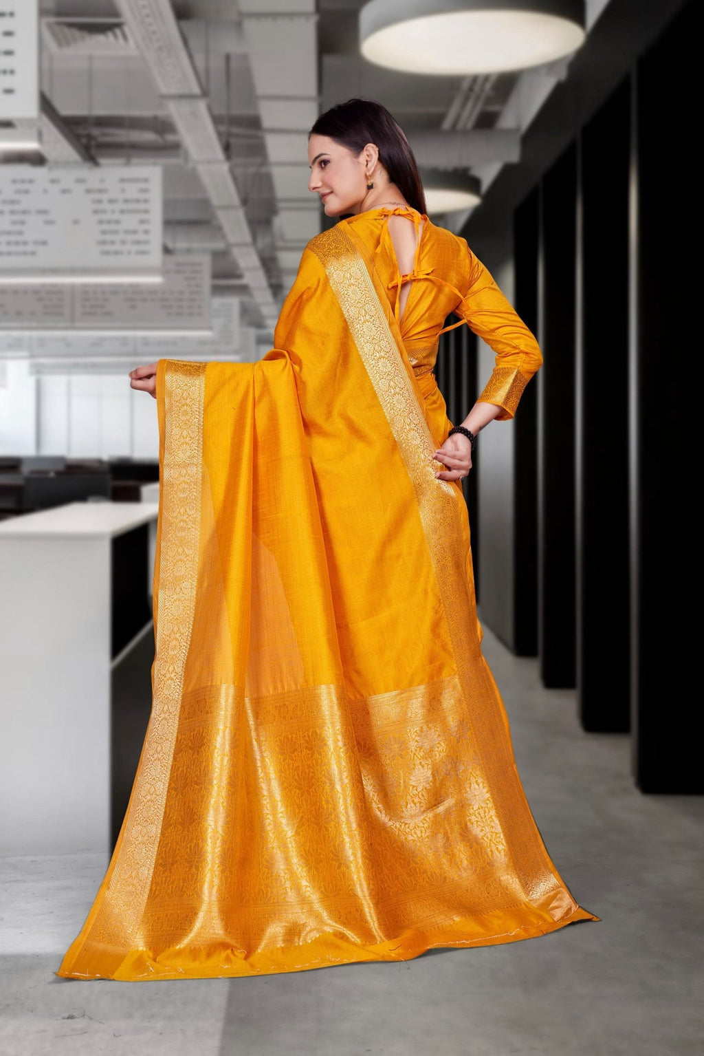 Mustard Cotton Silk Professional Office Saree - FeministaCotton Silk
