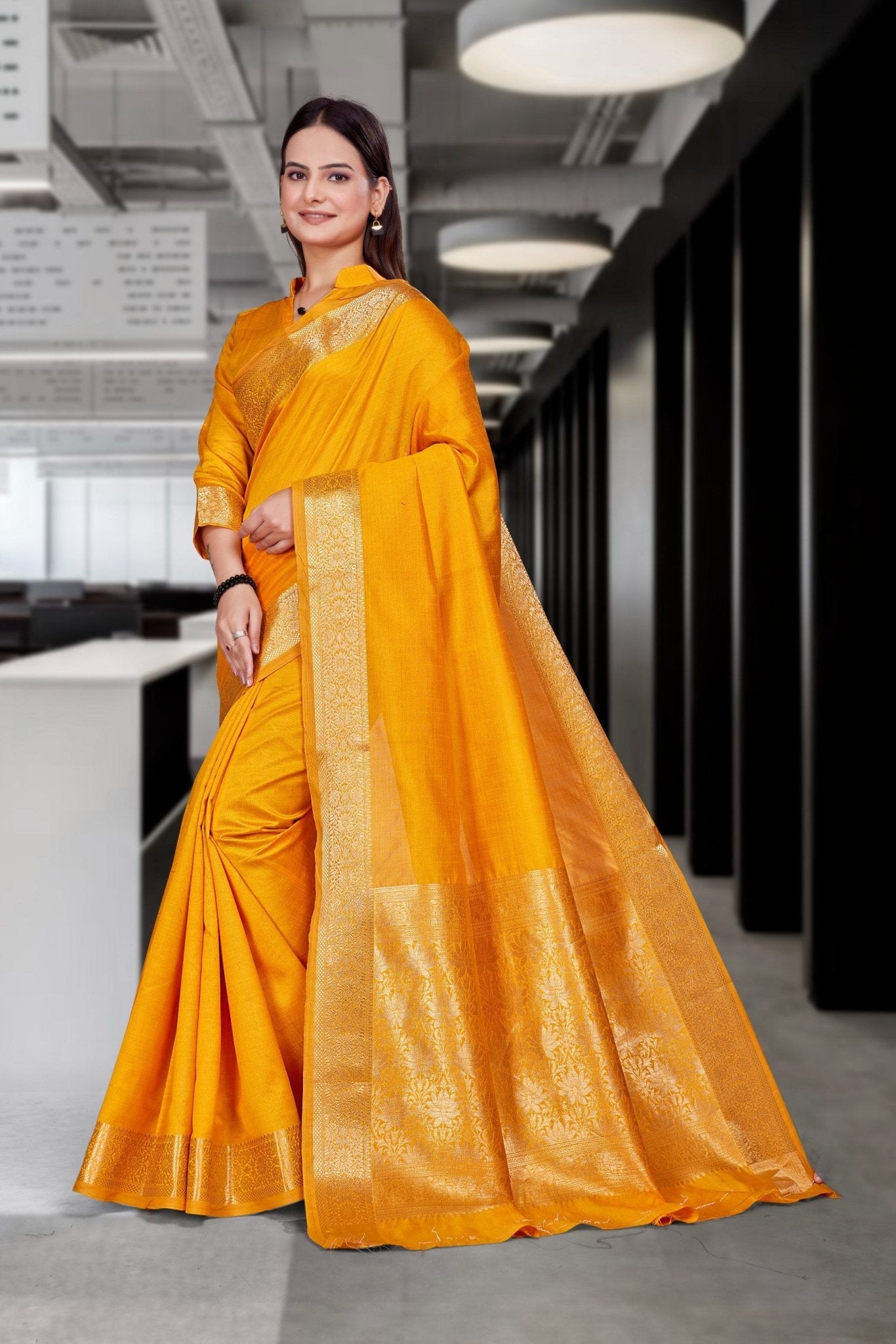 Mustard Cotton Silk Professional Office Saree - FeministaCotton Silk