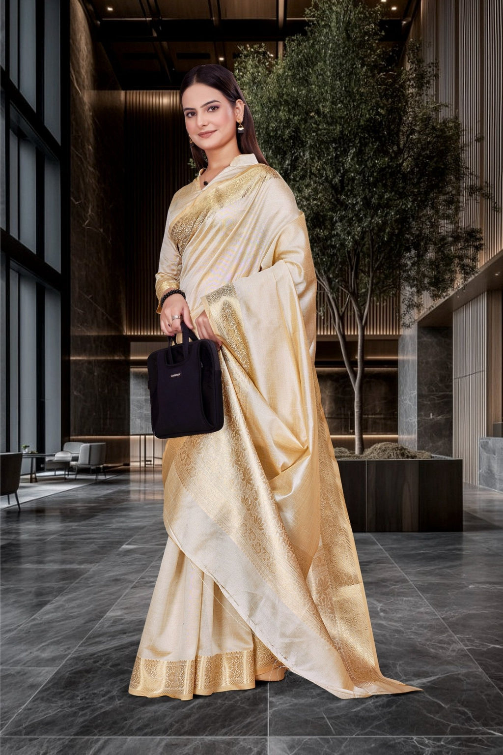 Cream Cotton Silk Professional Office Saree - FeministaCotton Silk