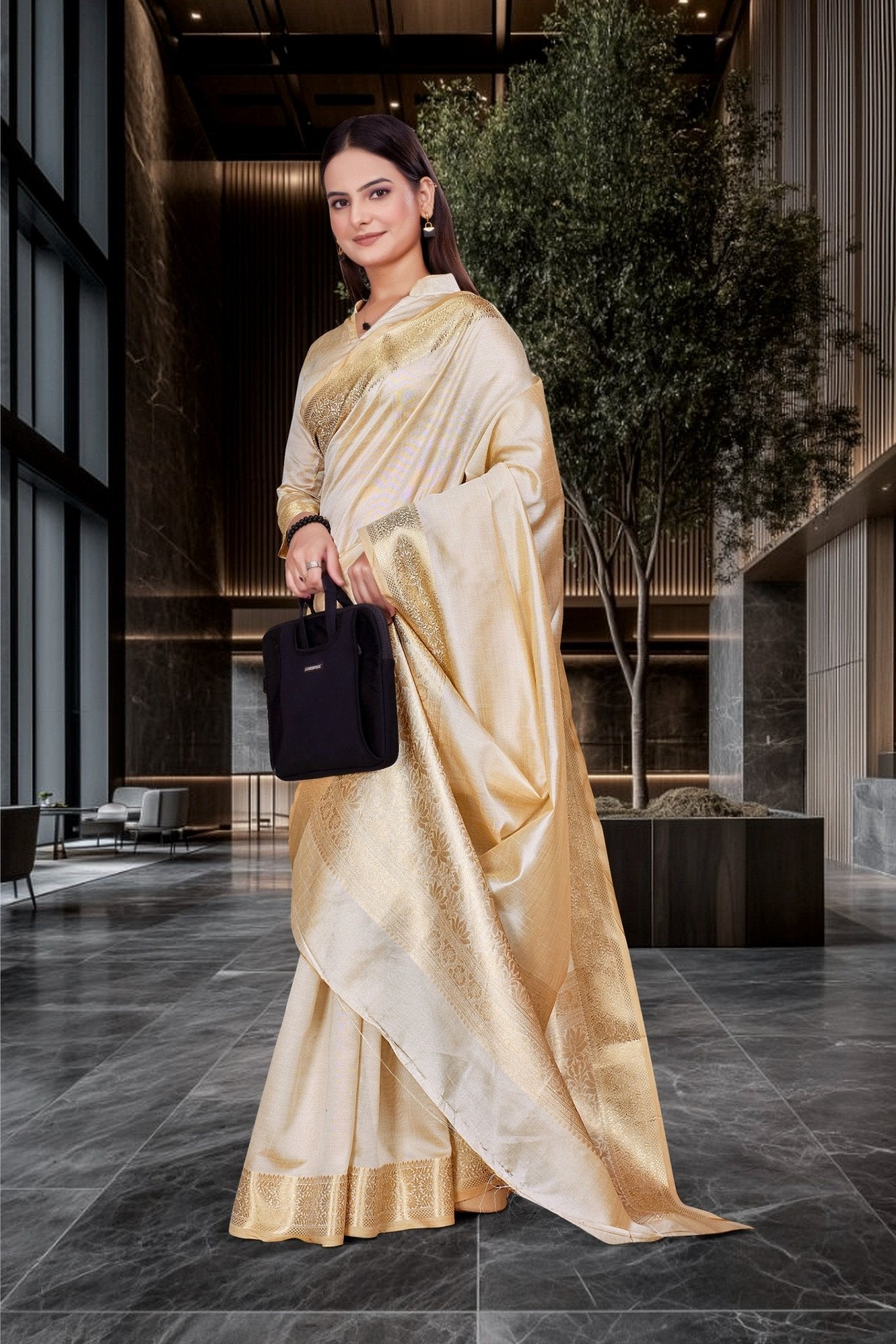 Cream Cotton Silk Professional Office Saree - FeministaCotton Silk