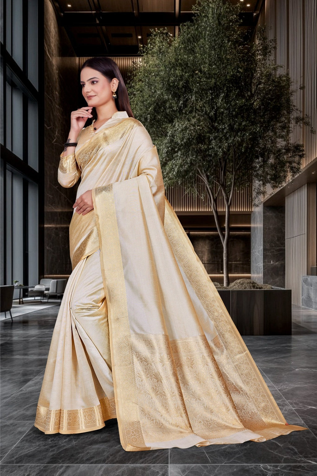 Cream Cotton Silk Professional Office Saree - FeministaCotton Silk