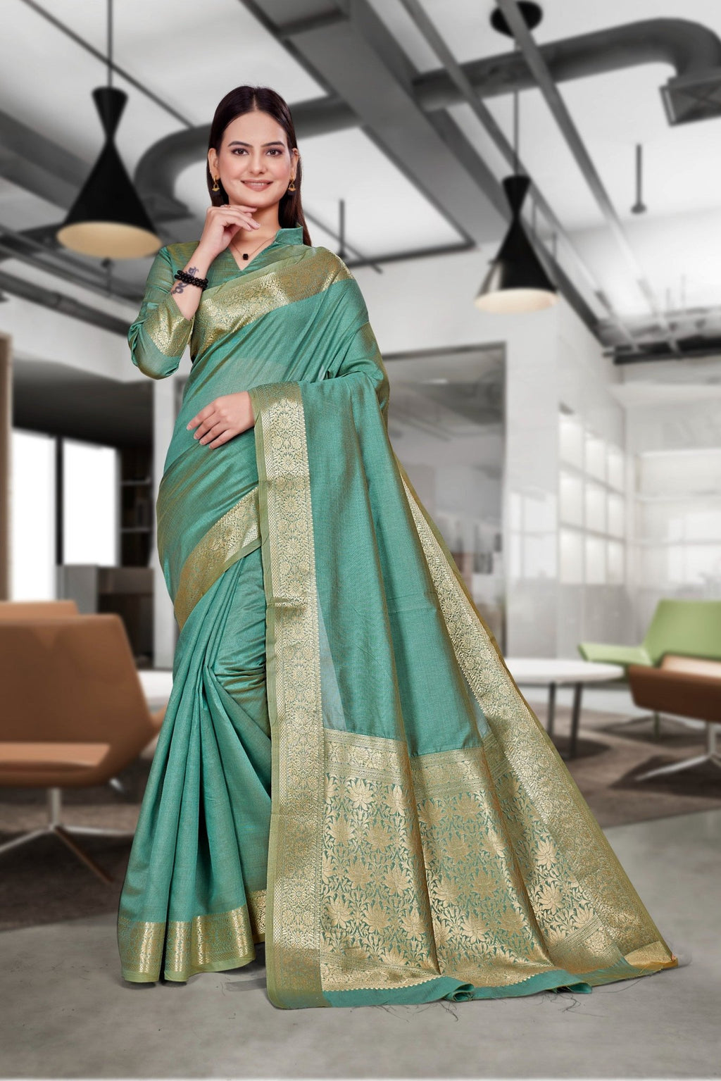 Green Cotton Silk Workplace Uniform Saree - FeministaCotton Silk