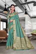 Green Cotton Silk Workplace Uniform Saree - FeministaCotton Silk