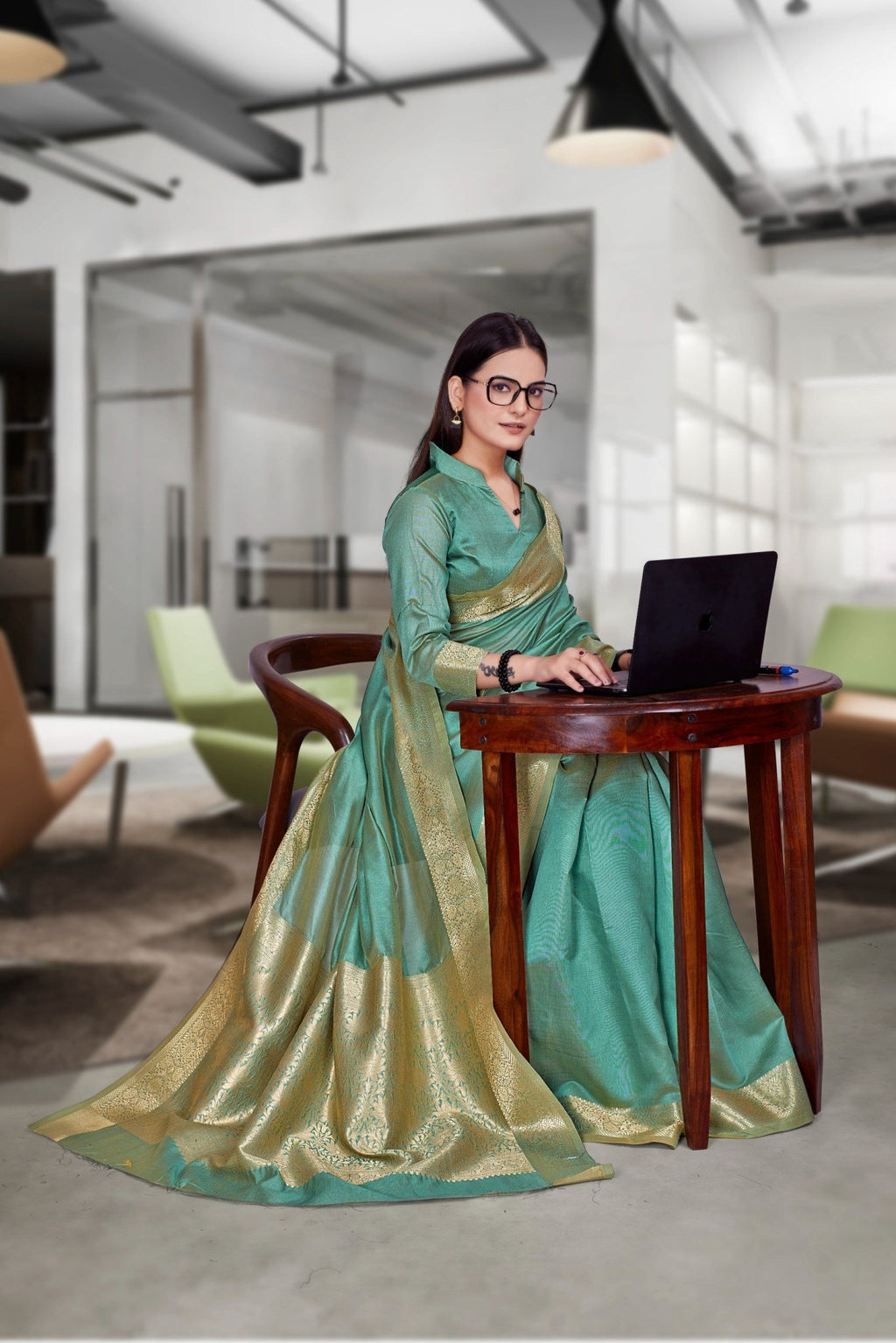 Green Cotton Silk Workplace Uniform Saree - FeministaCotton Silk