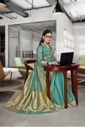 Green Cotton Silk Workplace Uniform Saree - FeministaCotton Silk