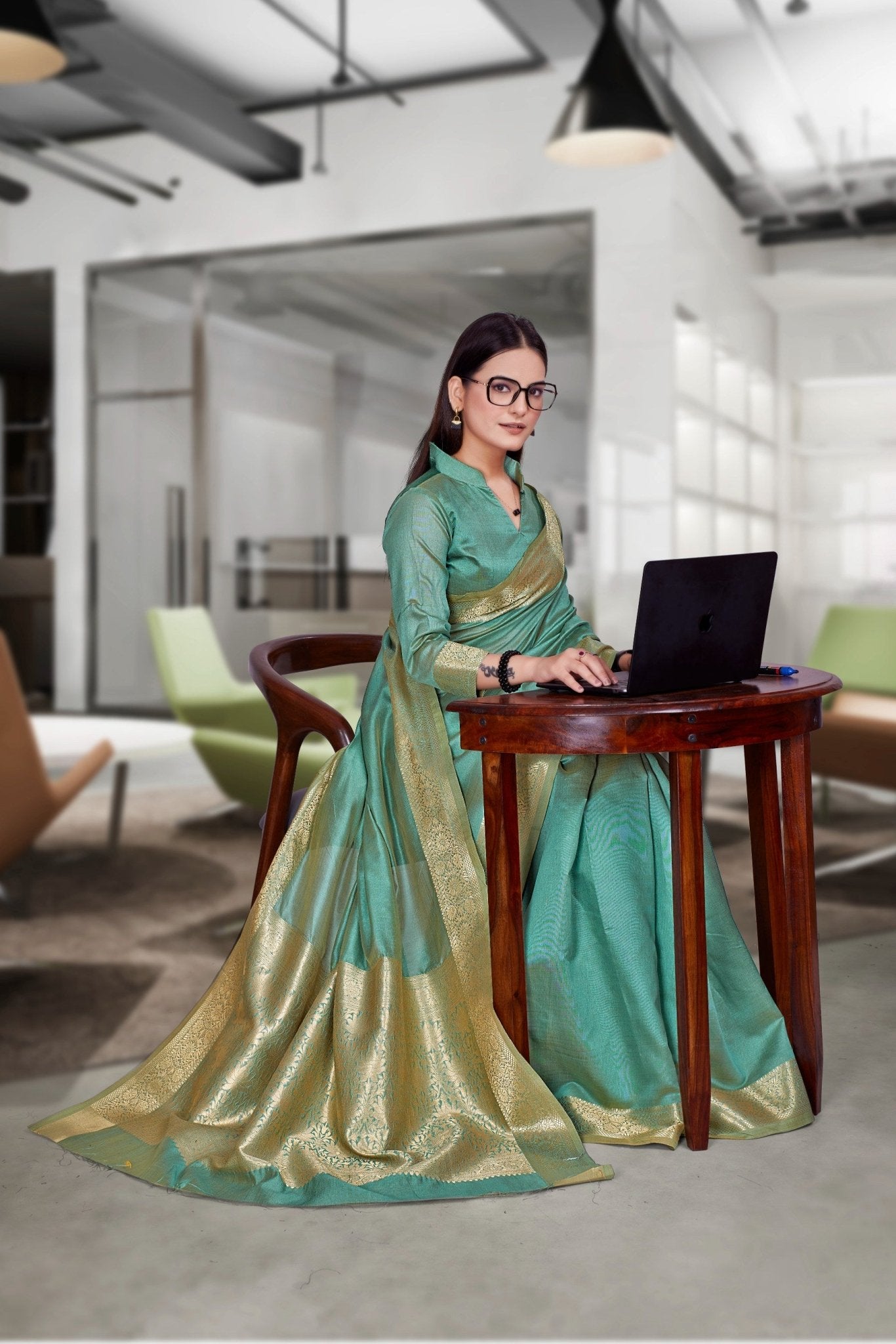 Green Cotton Silk Workplace Uniform Saree - FeministaCotton Silk