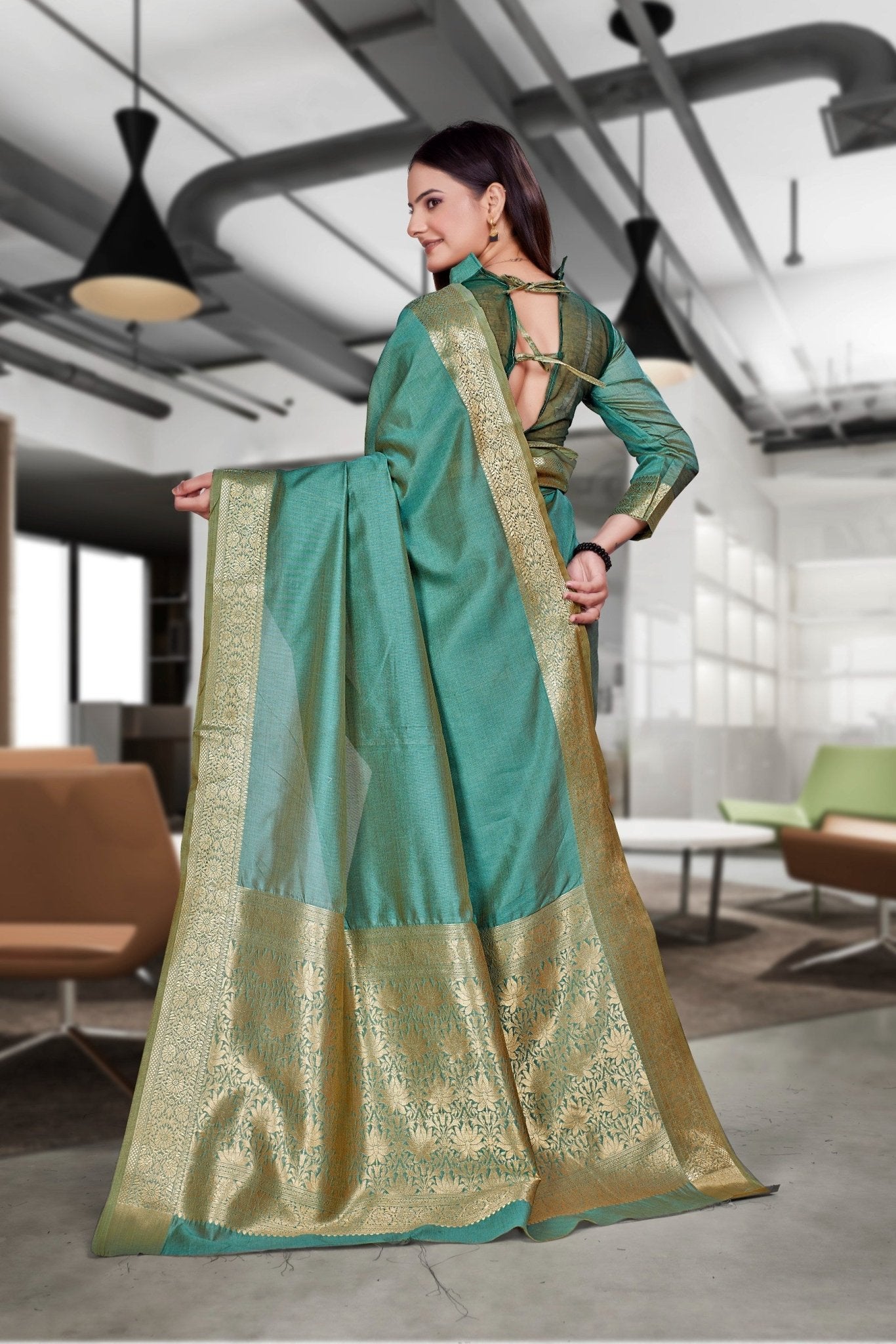 Green Cotton Silk Workplace Uniform Saree - FeministaCotton Silk