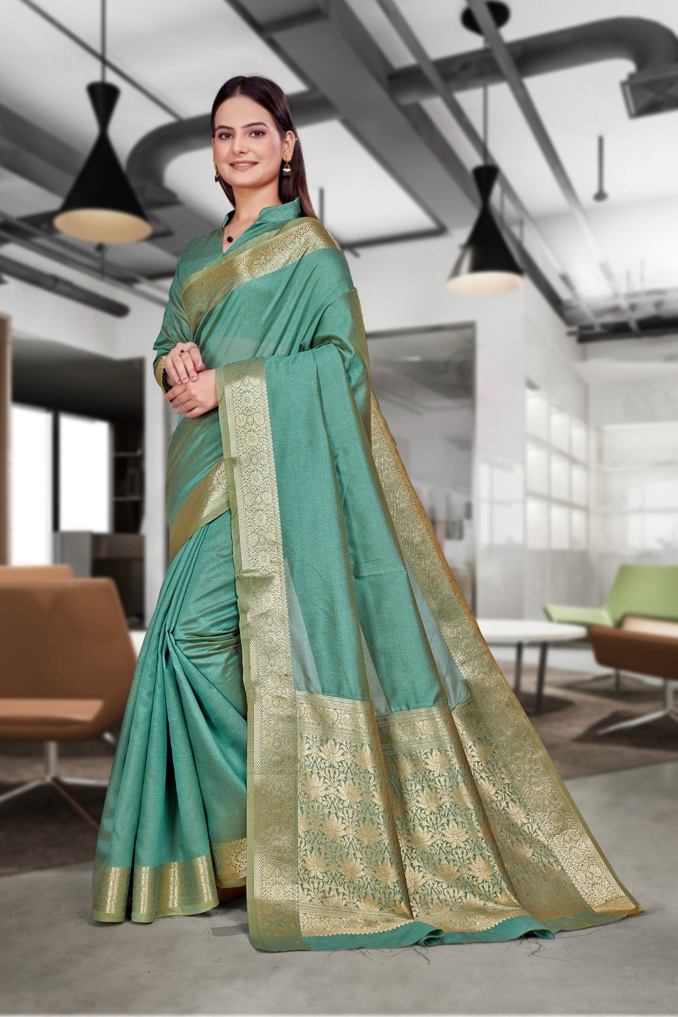 Green Cotton Silk Workplace Uniform Saree - FeministaCotton Silk