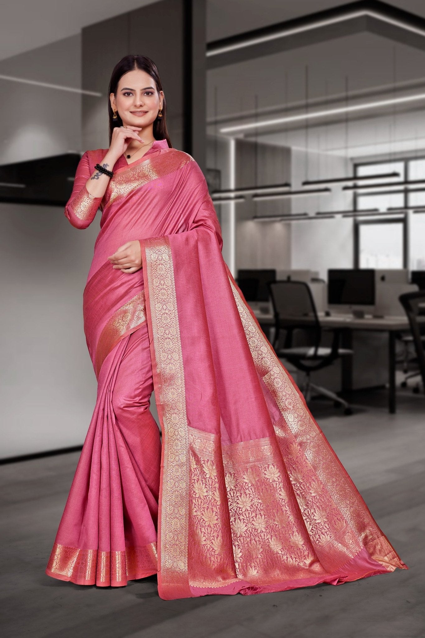 Pink Cotton Silk Workplace Uniform Saree - FeministaCotton Silk