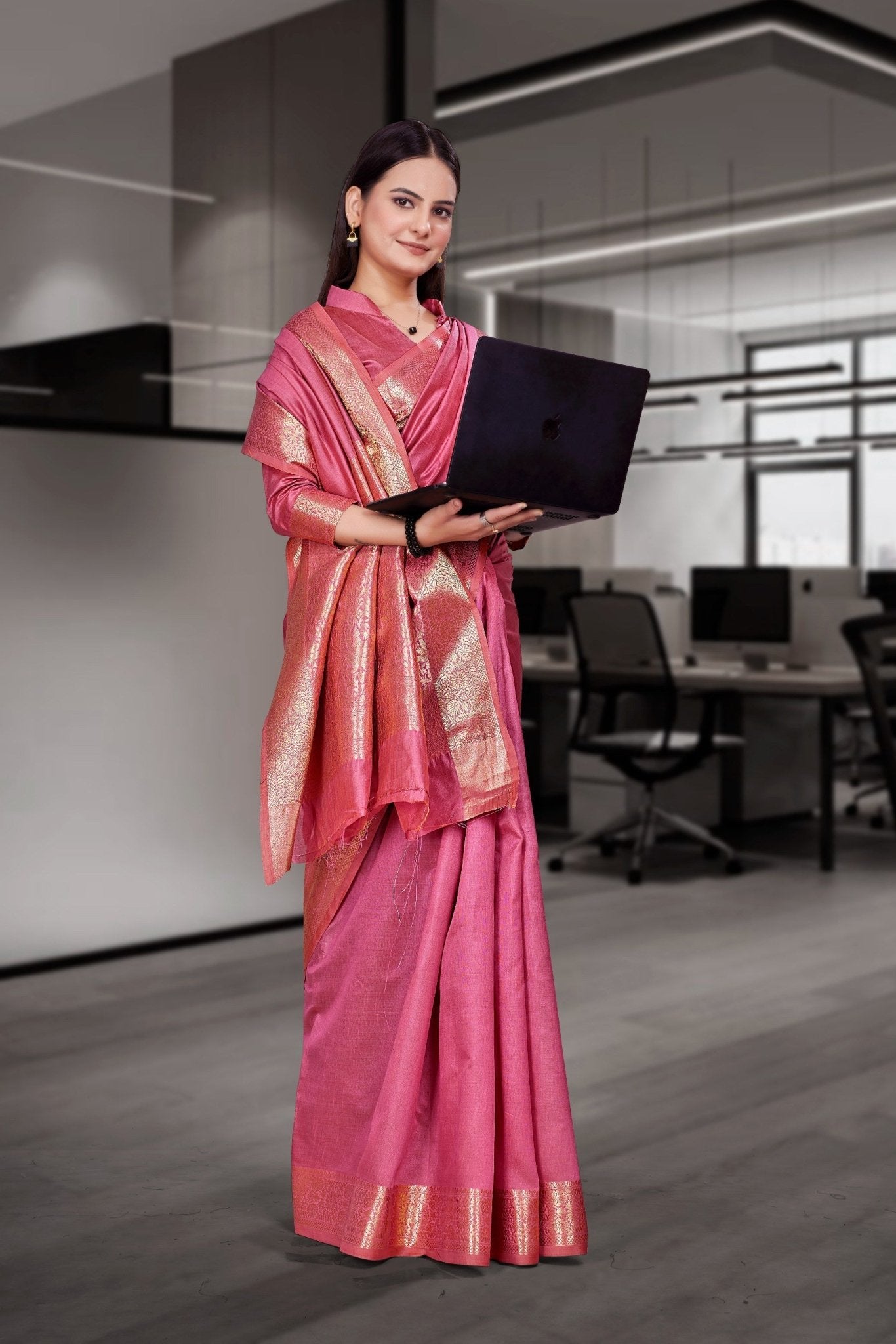 Pink Cotton Silk Workplace Uniform Saree - FeministaCotton Silk