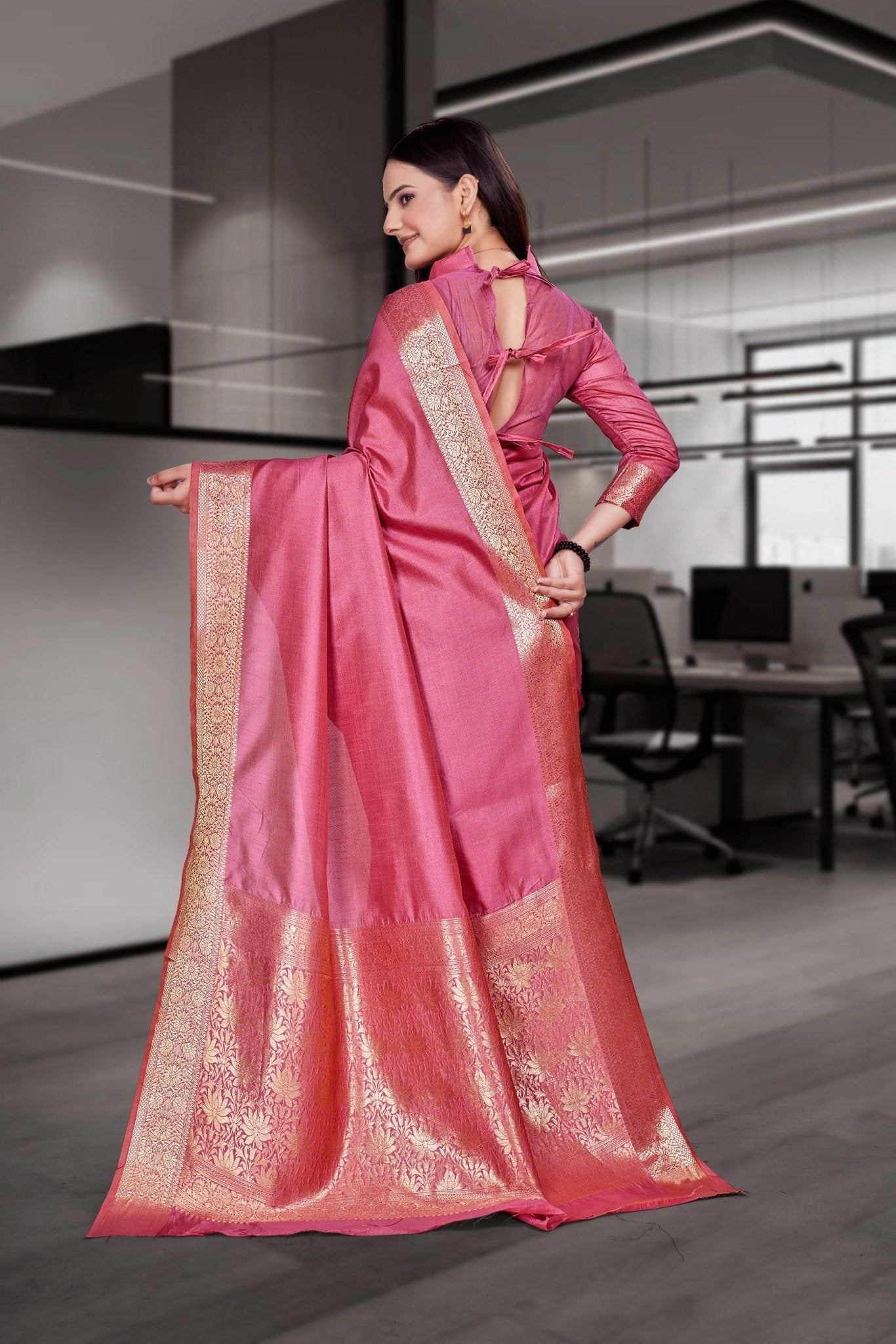 Pink Cotton Silk Workplace Uniform Saree - FeministaCotton Silk