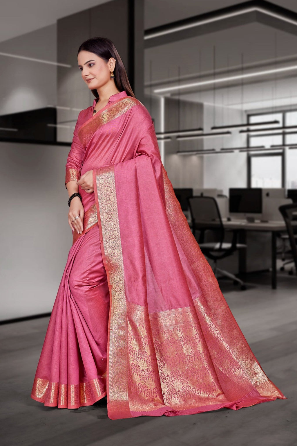 Pink Cotton Silk Workplace Uniform Saree - FeministaCotton Silk