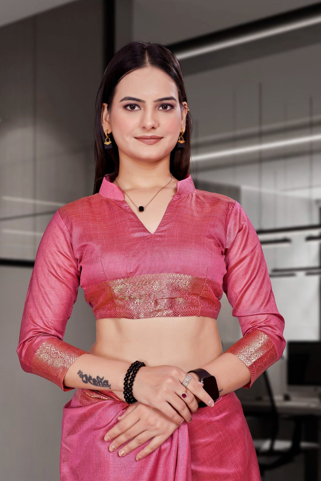 Pink Cotton Silk Workplace Uniform Saree - FeministaCotton Silk