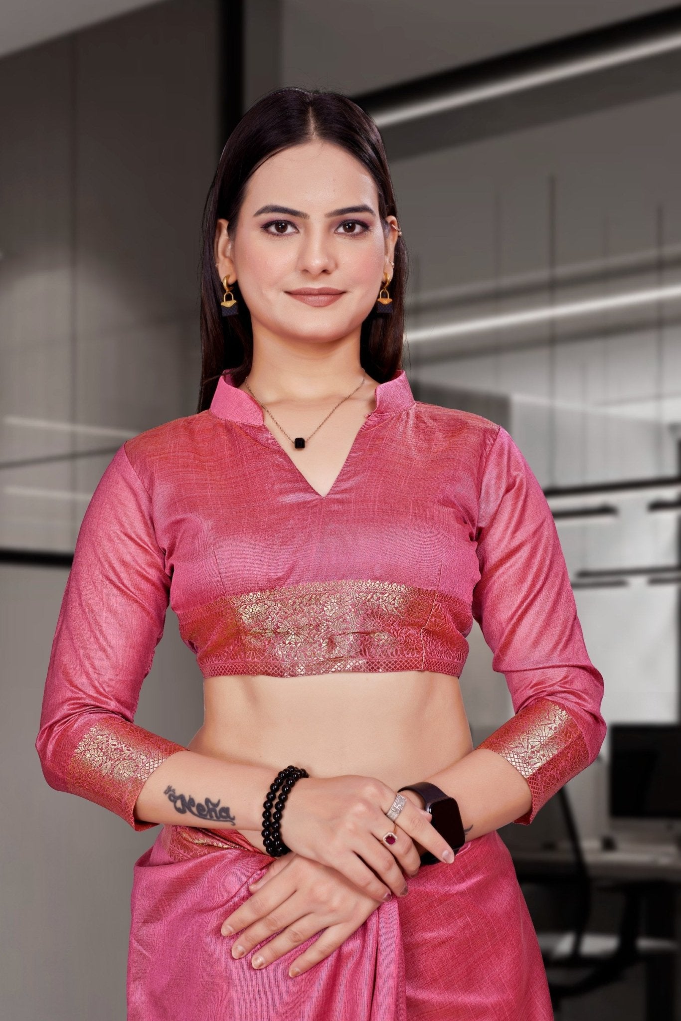 Pink Cotton Silk Workplace Uniform Saree - FeministaCotton Silk